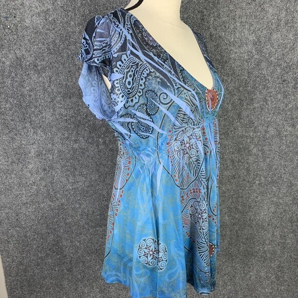 One World Paisley Top Women M Thin Jersey Ruffle Cap Sleeve Peplum - Picture 7 of 9